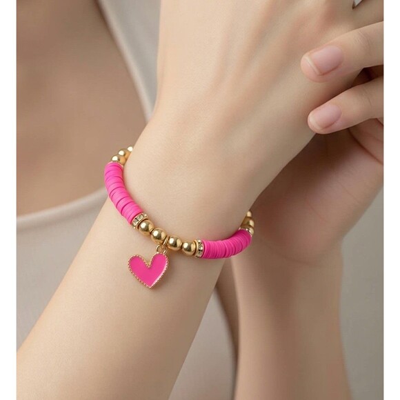 Handmade Jewelry - New Women’s & Girls Flat Beads Pink Bracelet With Metal Gold Color Beads White